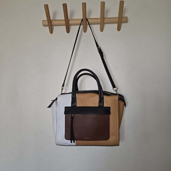 Coach Bleecker Riley 30150 Colorblock Leather Satchel Tote Bag Tan Black White - Picture 2 of 16